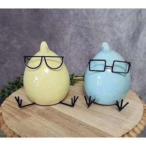Easter Egg Chicks Figurines Wearing‎ Glasses Blue Yellow Ceramic 2 Pc 4.25"